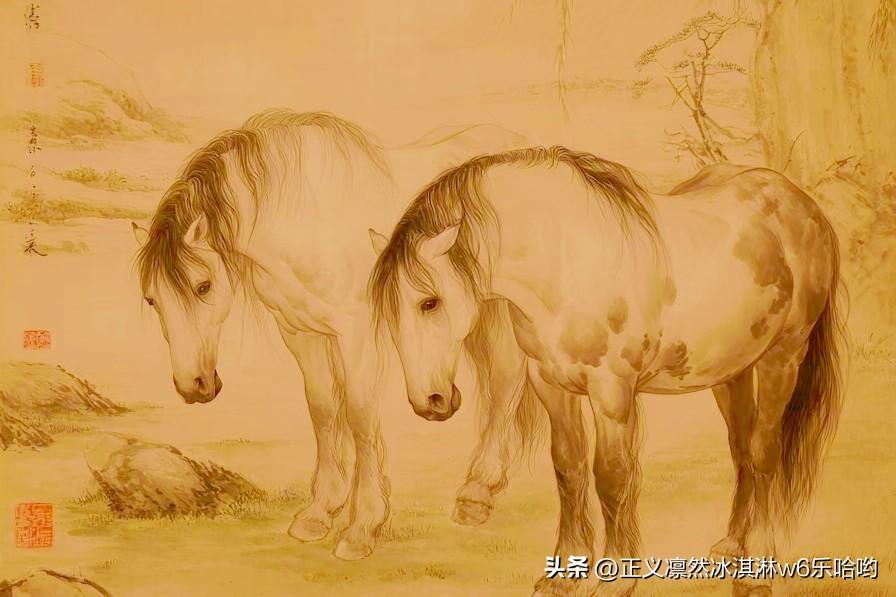 古风两匹白马相依相伴，静谧山水间悠然自得。画作中的两匹白马，仿佛在诉说着岁月静好
