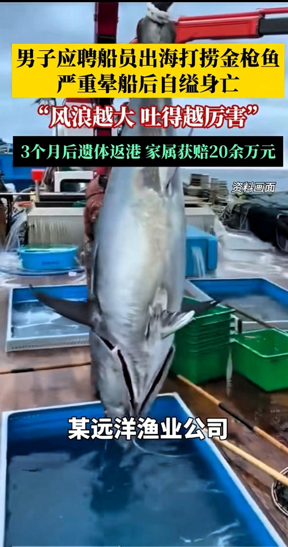 男子应聘船员出海打捞金枪鱼，严重晕船后自缢身亡！风浪越大吐的越厉害！
因无法进食