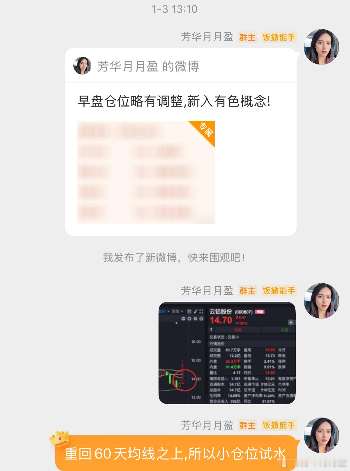 芳华上周五提示V+专属会员$云铝股份 sz000807$ 在大盘弱势情况下，还能