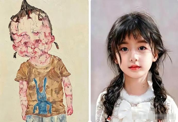 同样出自清华美院，两幅小女孩的画，放一起高下立判。 副教授丁荭笔下的孩童，画风扭