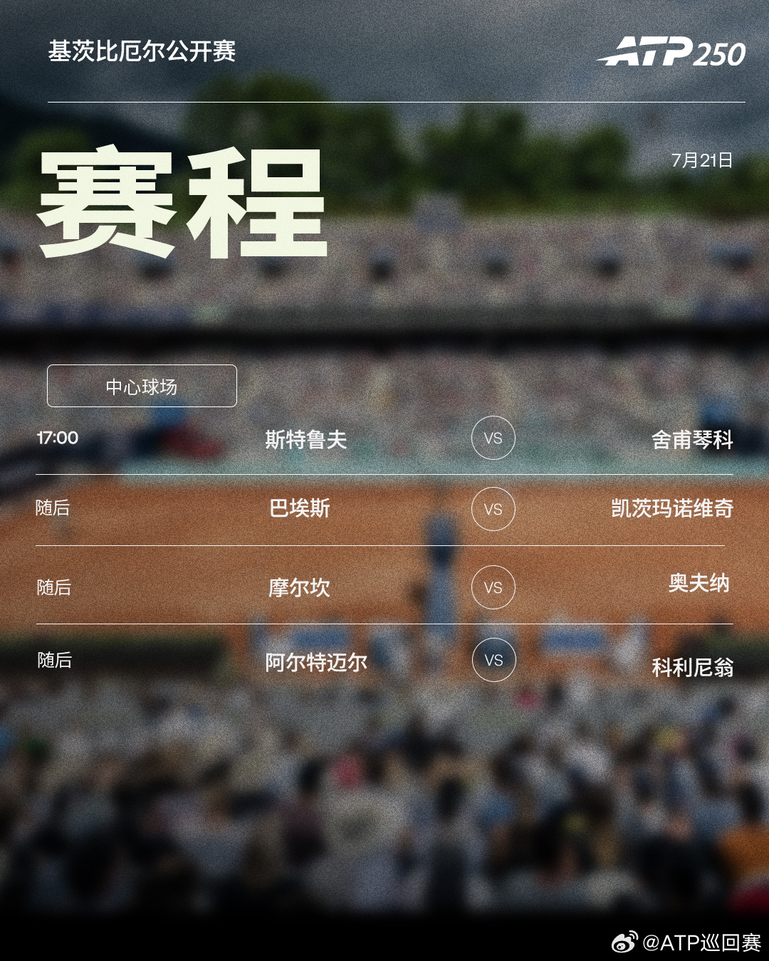 两站 ATP250 红土赛事周二赛程如下，均为北京时间📅📍埃斯托利尔🎾瓦林
