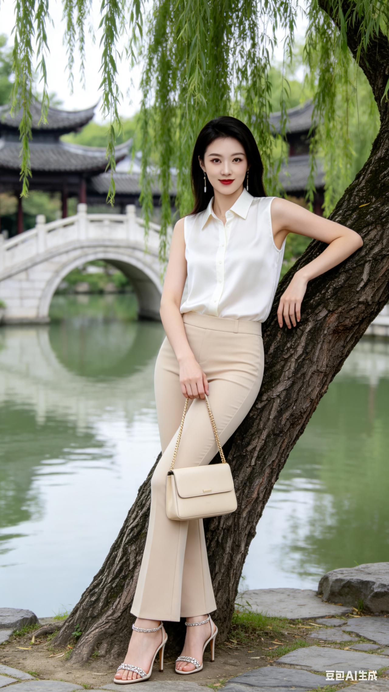 高挑美女着米白真丝无袖衬衫、杏色紧身微喇裤，配浅杏细钻高跟凉鞋与哑光皮质小包。置