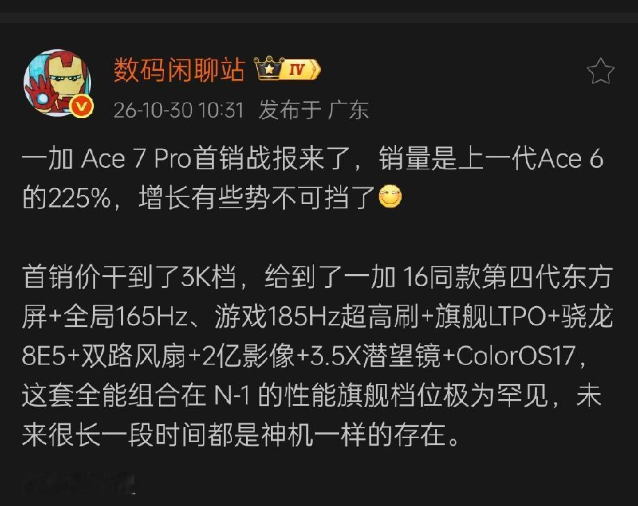 一加Ace7Pro肖销是比较不错的，销量是上一代一加Ace6的225%，销量十分