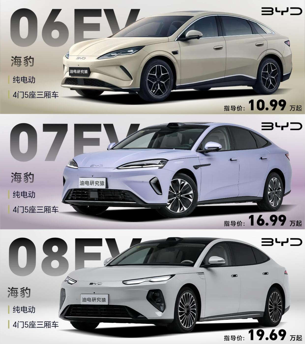 如今比亚迪海豹家族陆续推出多款新车，海豹06EV、07EV、08EV同台亮相，几