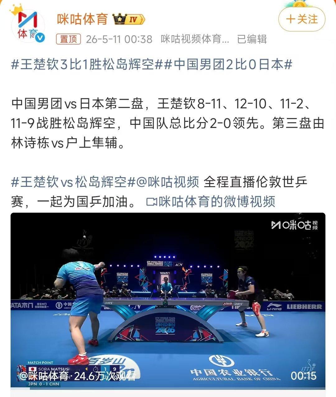 王楚钦26岁第一场胜利王楚钦26岁的第一次胜利 好棒！ 