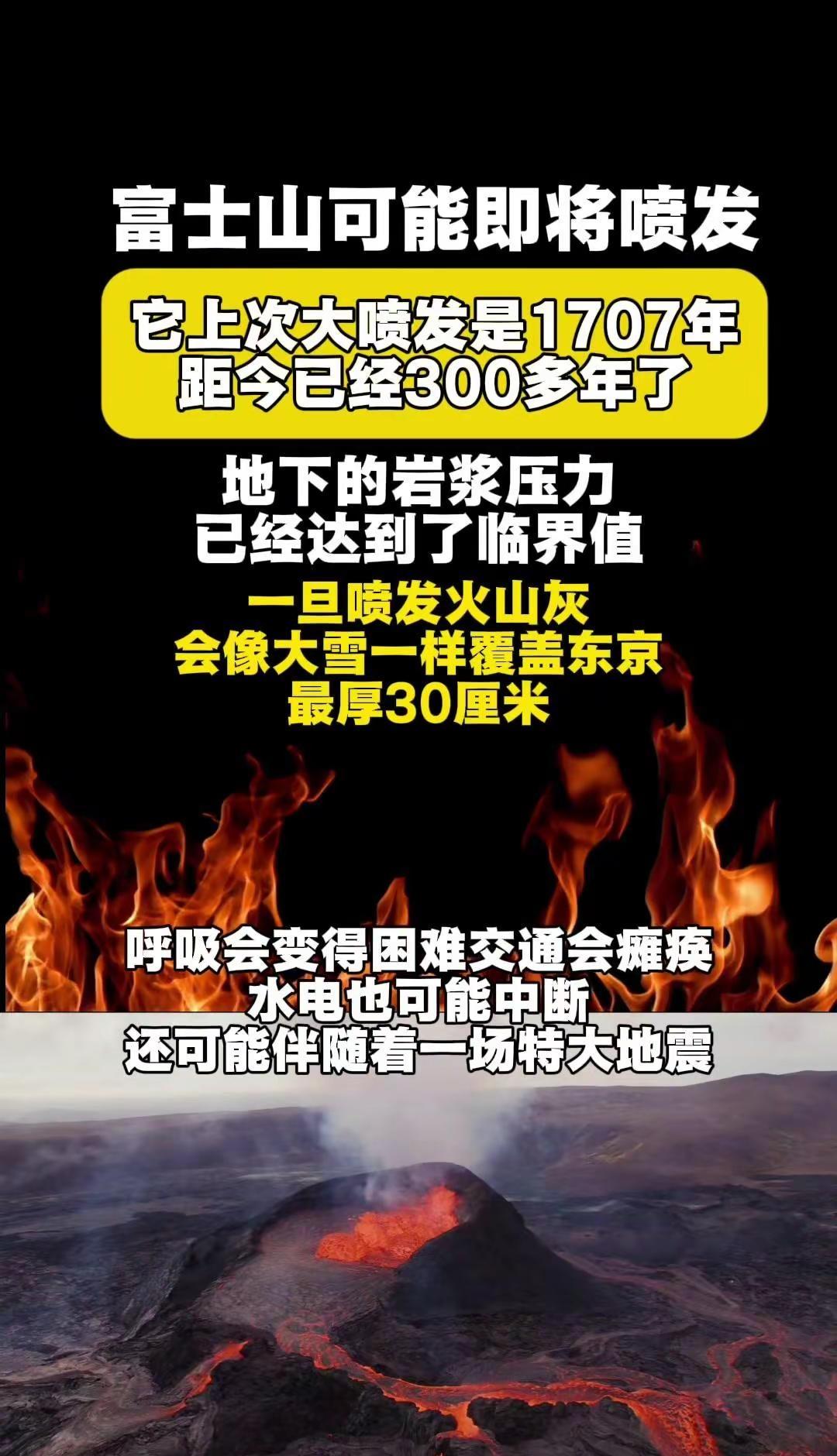 富士山喷发风险引担忧。🌋富士山喷发警报拉响！上次大喷发在1707年，这次专家说
