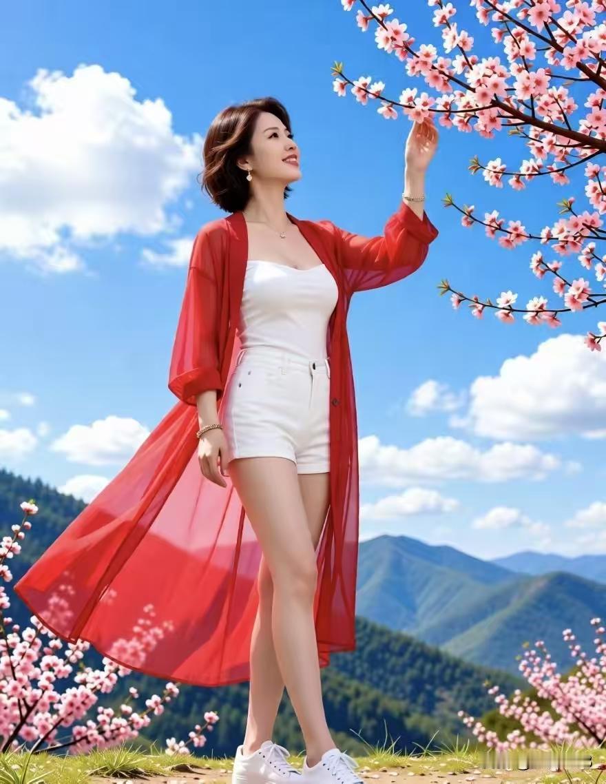 塞鸿秋·春山桃艳
红衫飘袂朝霞映，
晴郊桃蕊丹砂胜。
纤枝逗得佳人兴，
云偎青山