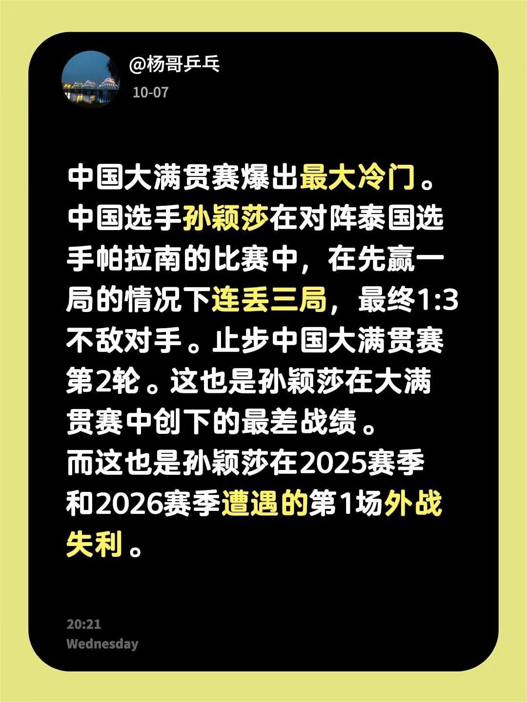 中国大满贯赛爆出最大冷门。中国选手孙颖莎在对阵泰国选手帕拉南的比赛中，在先赢一局