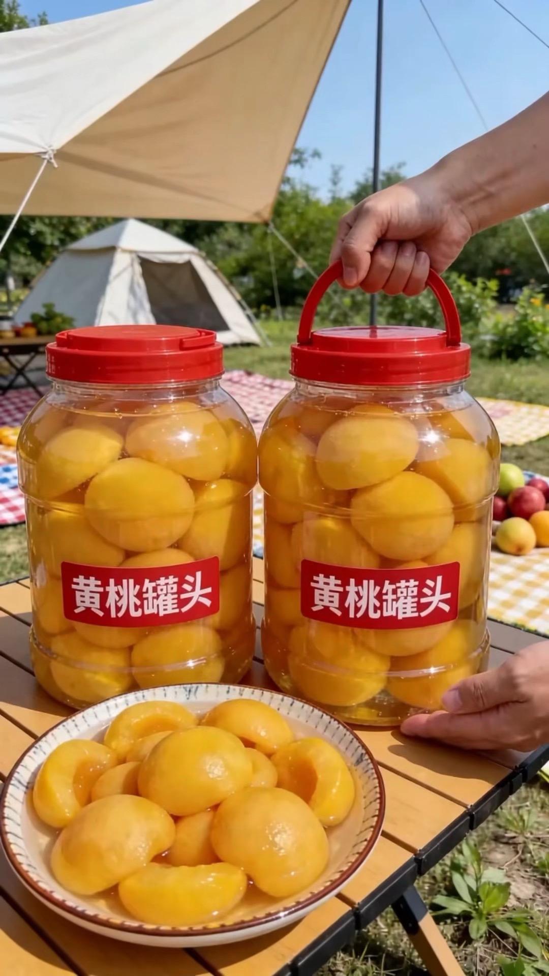 脆嫩黄桃罐头，果肉饱满多汁，清甜不腻，露营野餐必备！每一口都是新鲜果香...