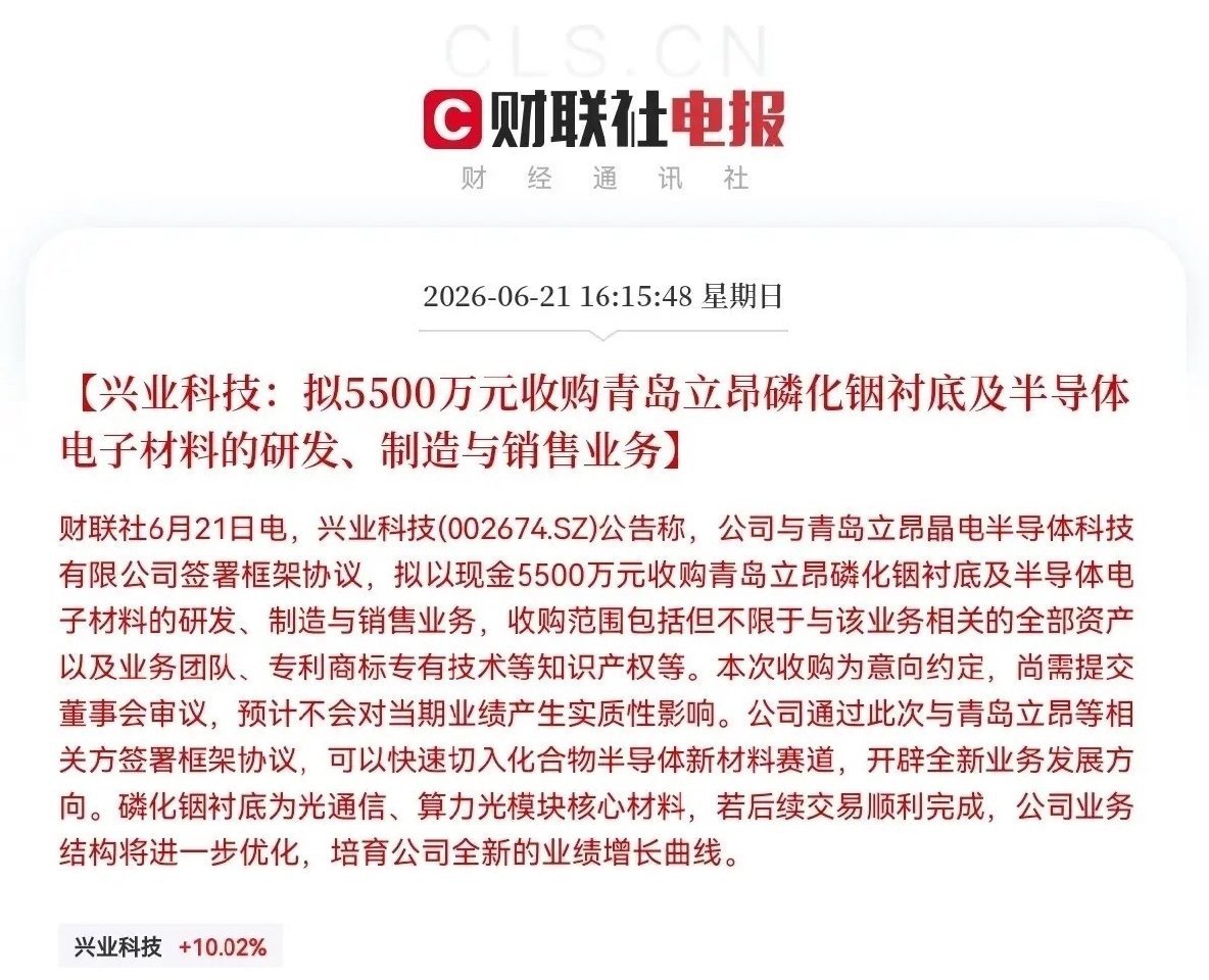 突发消息！兴业科技突发利好！…下午4点15分，兴业科技一则公告引爆了股民圈，公告