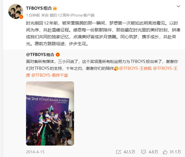 TFBOYS组合十二周年发文TFBOYS组合十二周年发文  TFBOYS十二周年