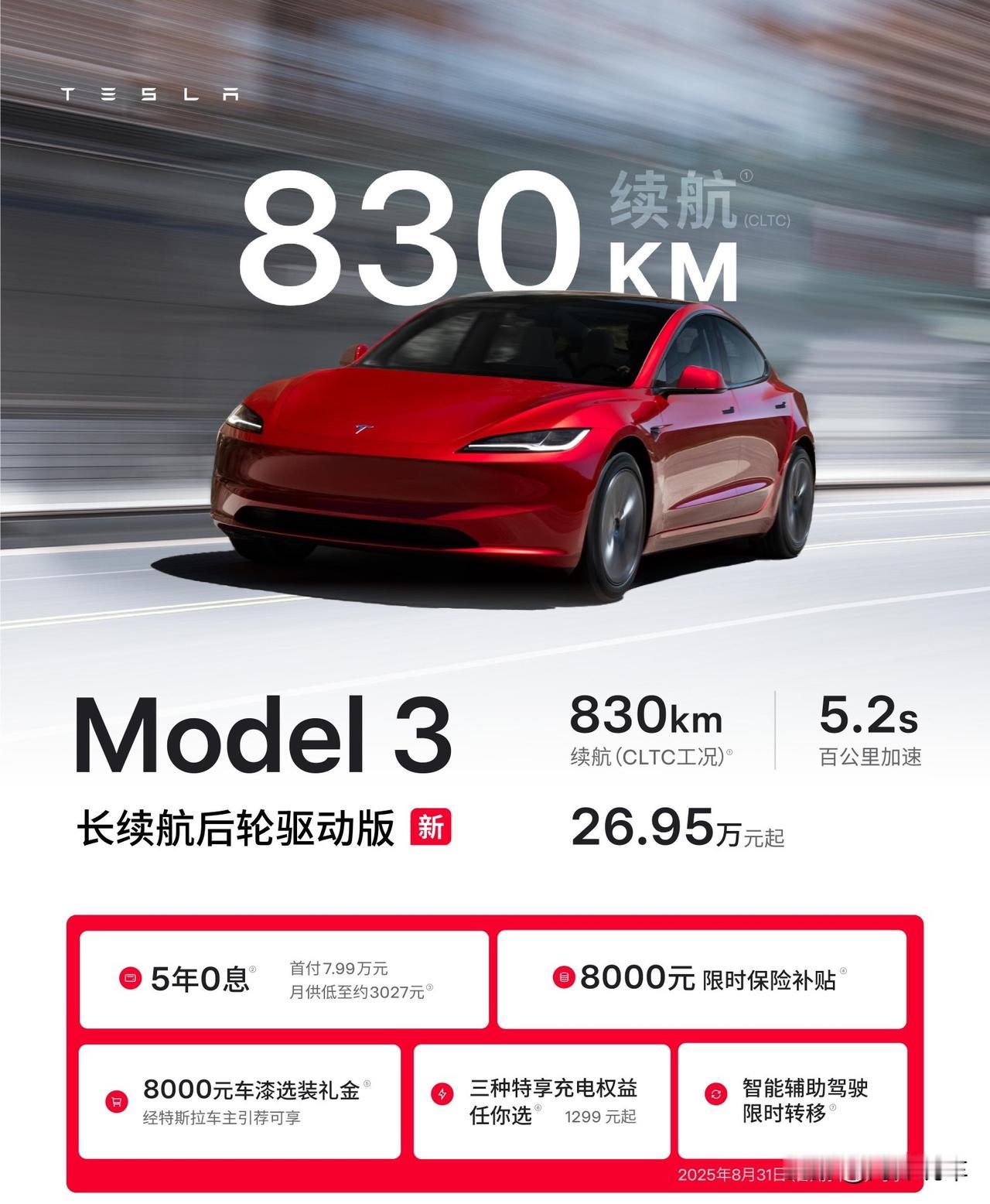 近日特斯拉正式推出Model 3长续航，以830公里超长续航+5.2秒百公里加速