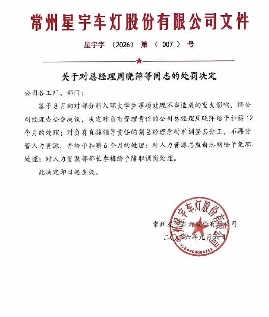 星宇车灯事件内部处罚结果来了：总经理扣薪12个月；对副总经理调整分工，并扣薪6个