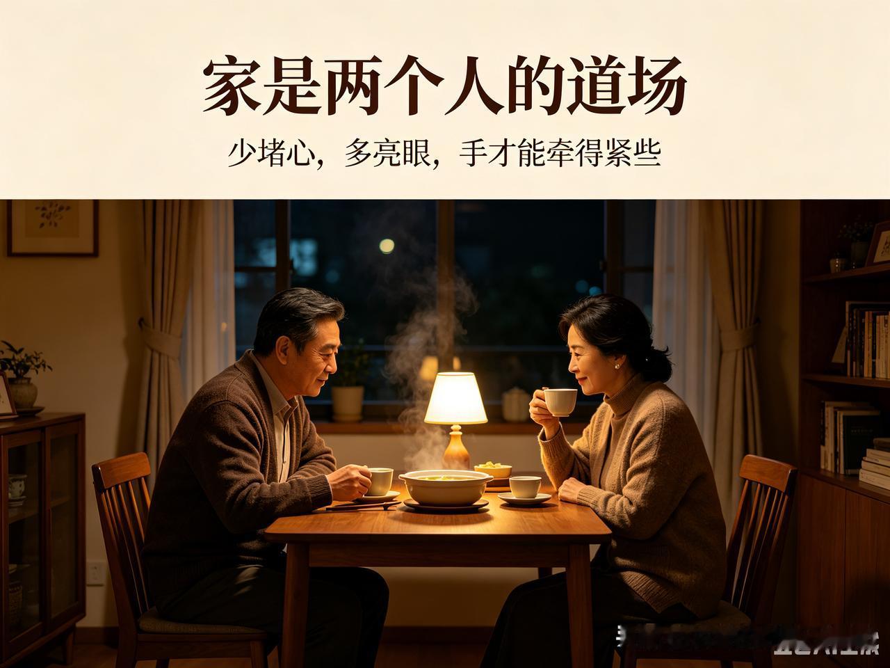 温馨的夜晚，两人共享一碗热汤，家的温暖。晚餐暖心