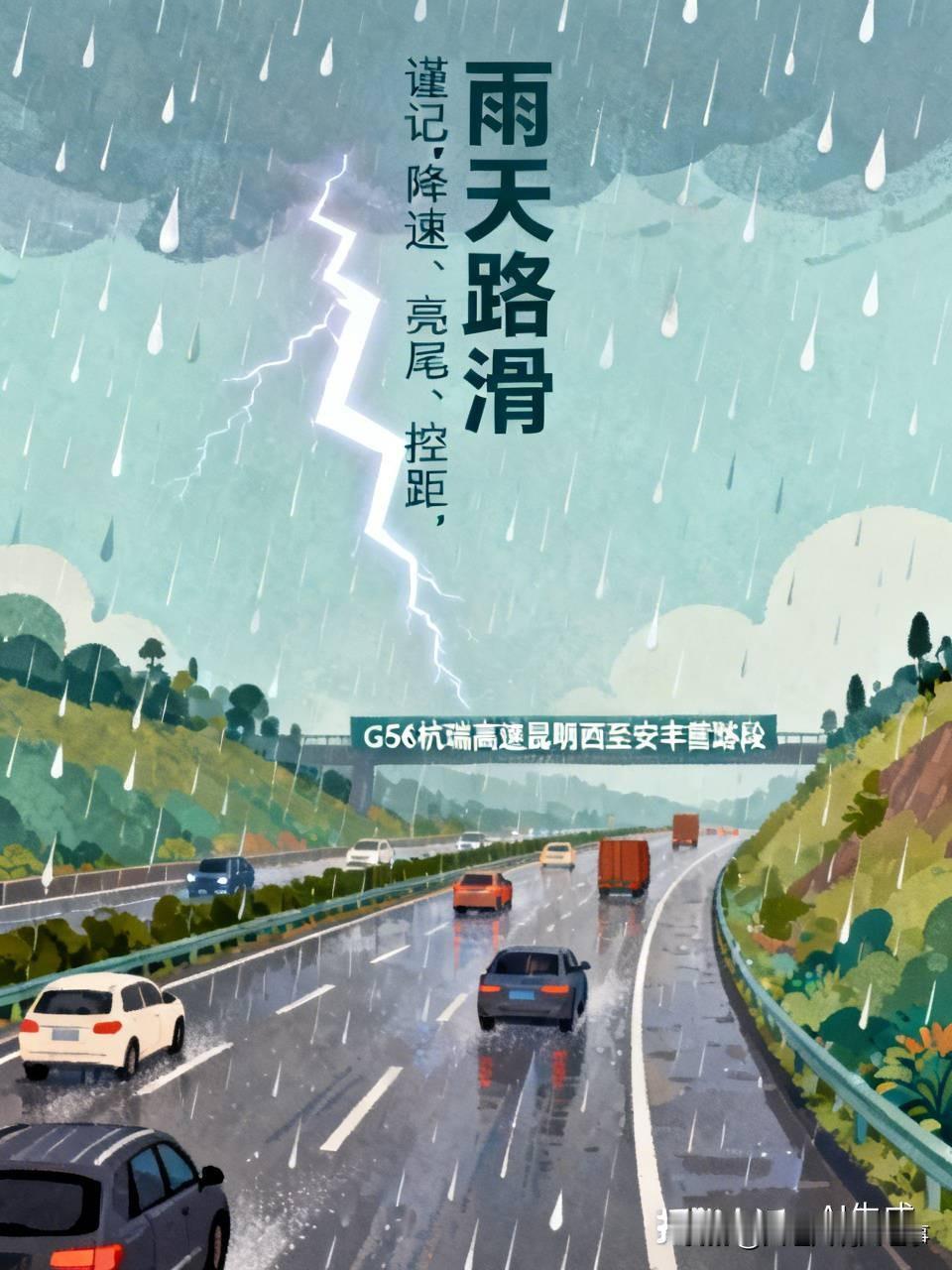 G56杭瑞高速昆明西收费站至安丰营路段降雨，路面湿滑且有积水。
在此提醒各位车友