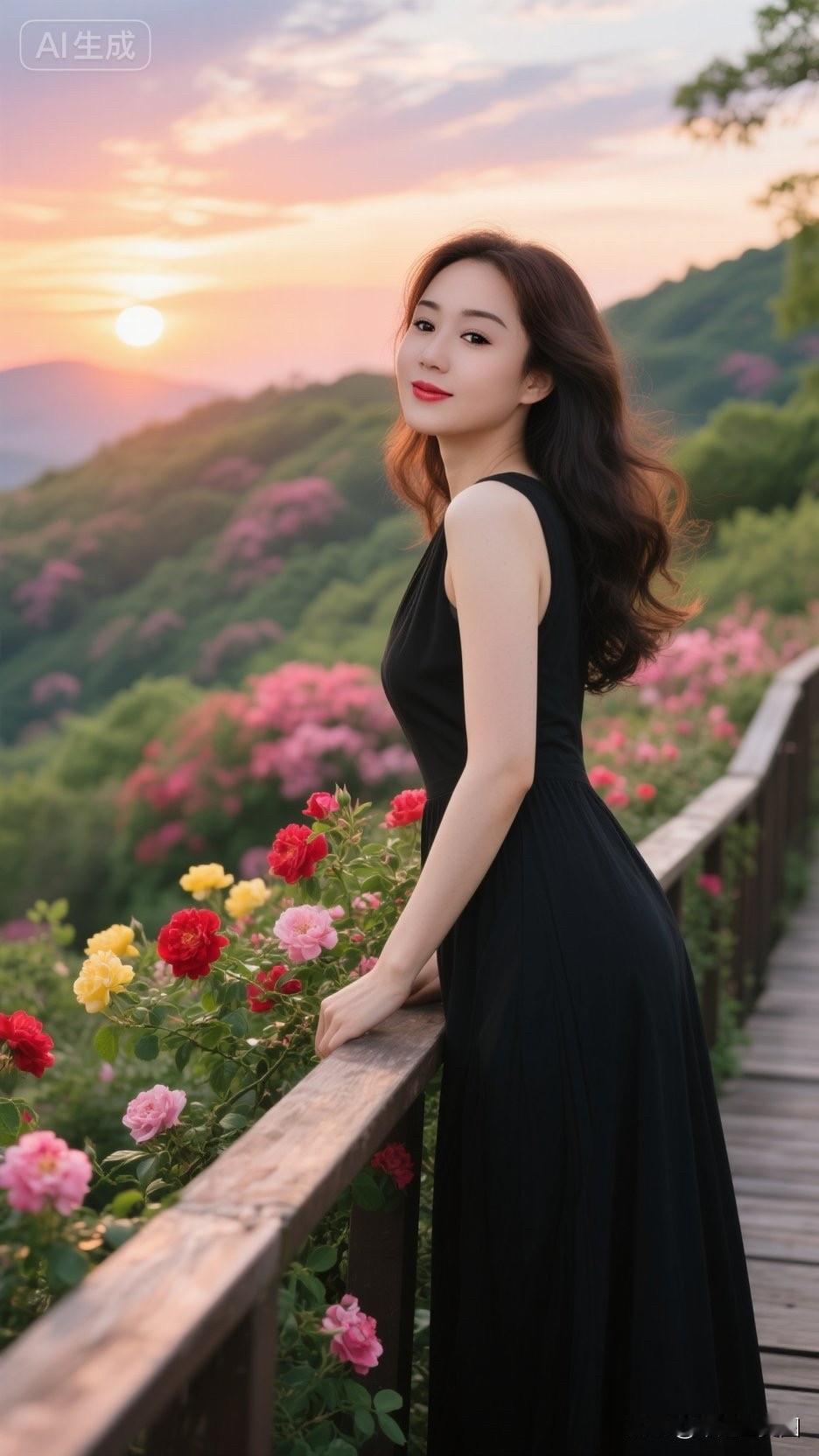 夕阳下，她站在花丛旁，好美！