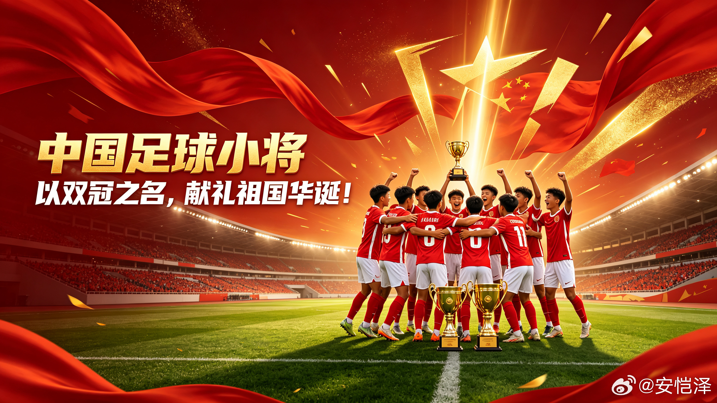 中国足球小将 以双冠之名，献礼祖国华诞！举国欢庆祖国生日之际，远赴东瀛征战的中国