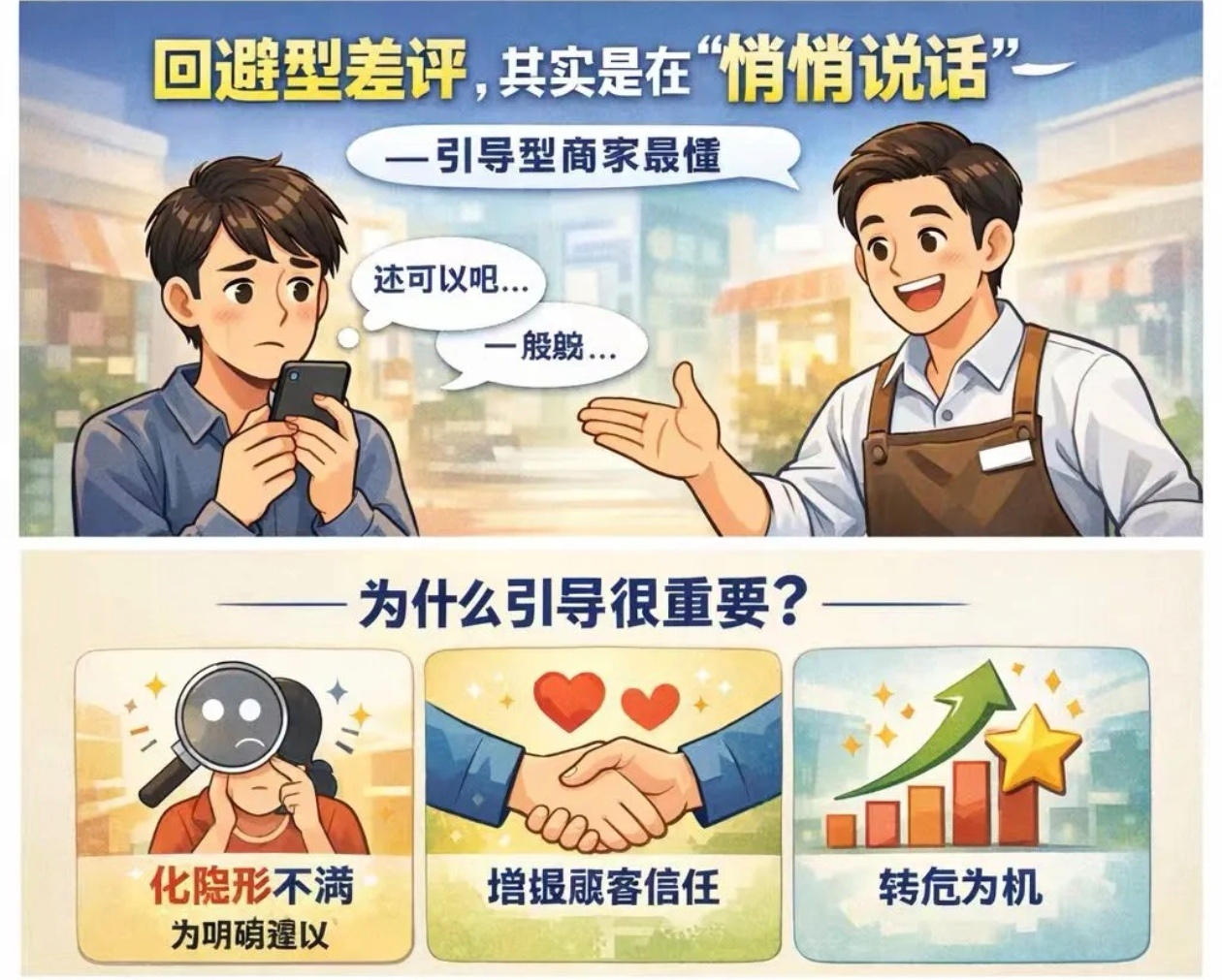 互联网团购、网购过程中，经常有消费者进行回避型差评，他们心里有不满，却不想直接冲