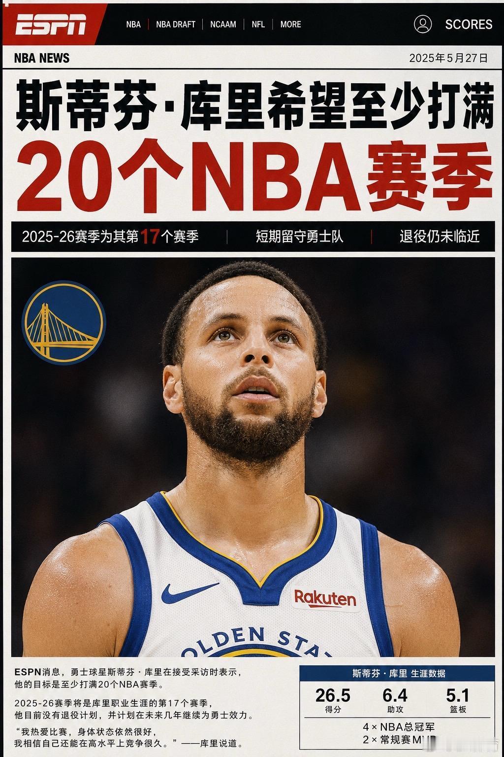 库里希望至少打20个赛季38岁库里明确表态，希望NBA生涯至少征战20个赛季 。