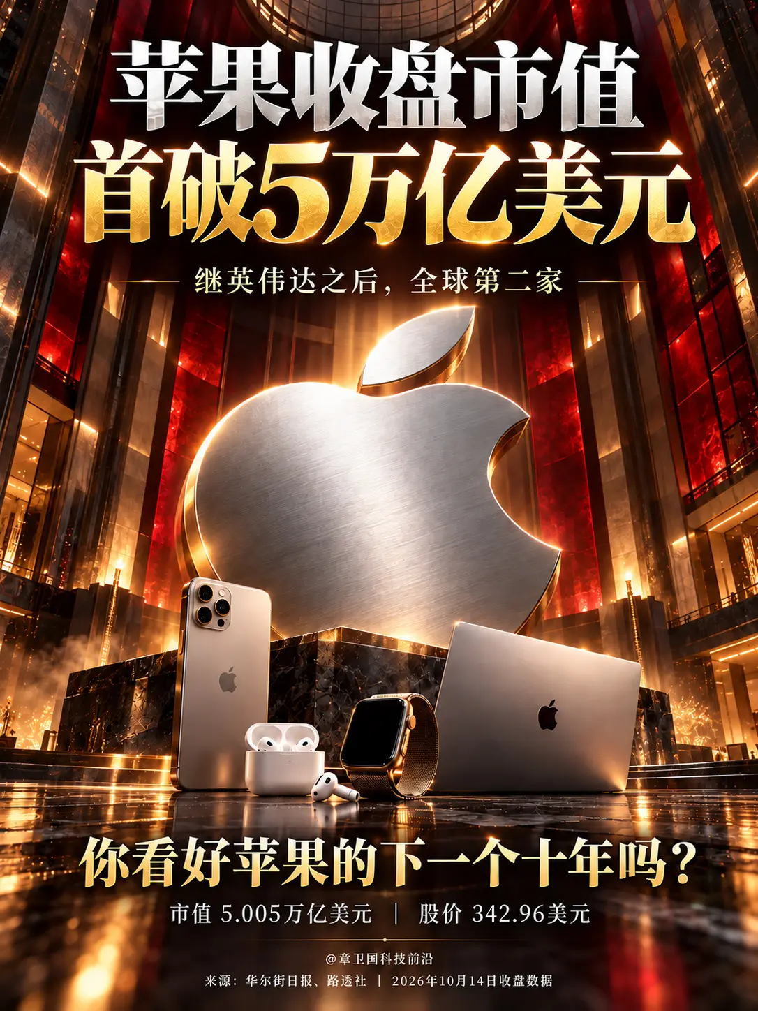 苹果收盘市值首破5万亿美元。继英伟达之后，全球第二家