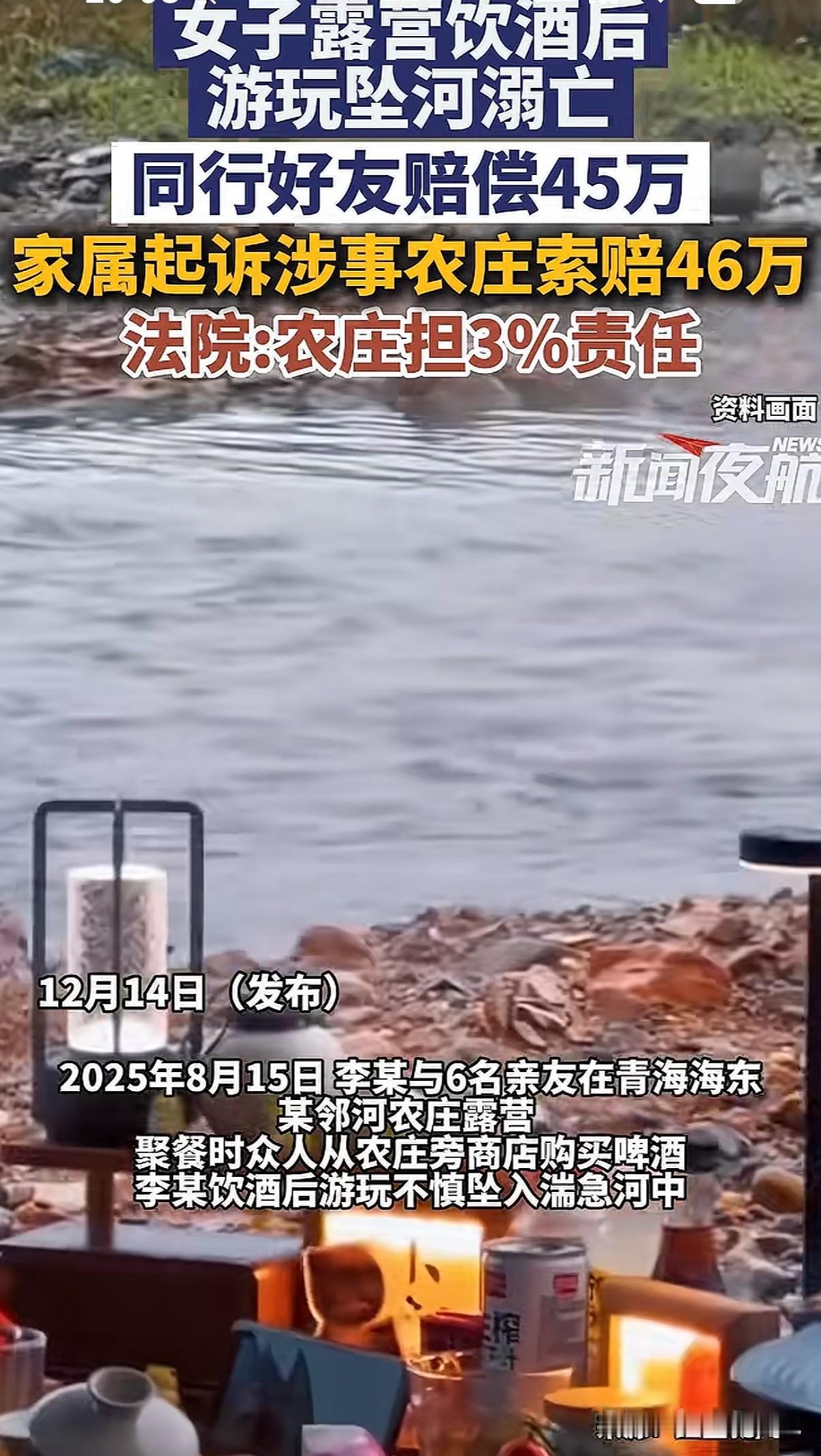 女子露营饮酒溺亡同行好友赔偿45万，而农庄只要赔偿2.7万元！
一次看似寻常的朋