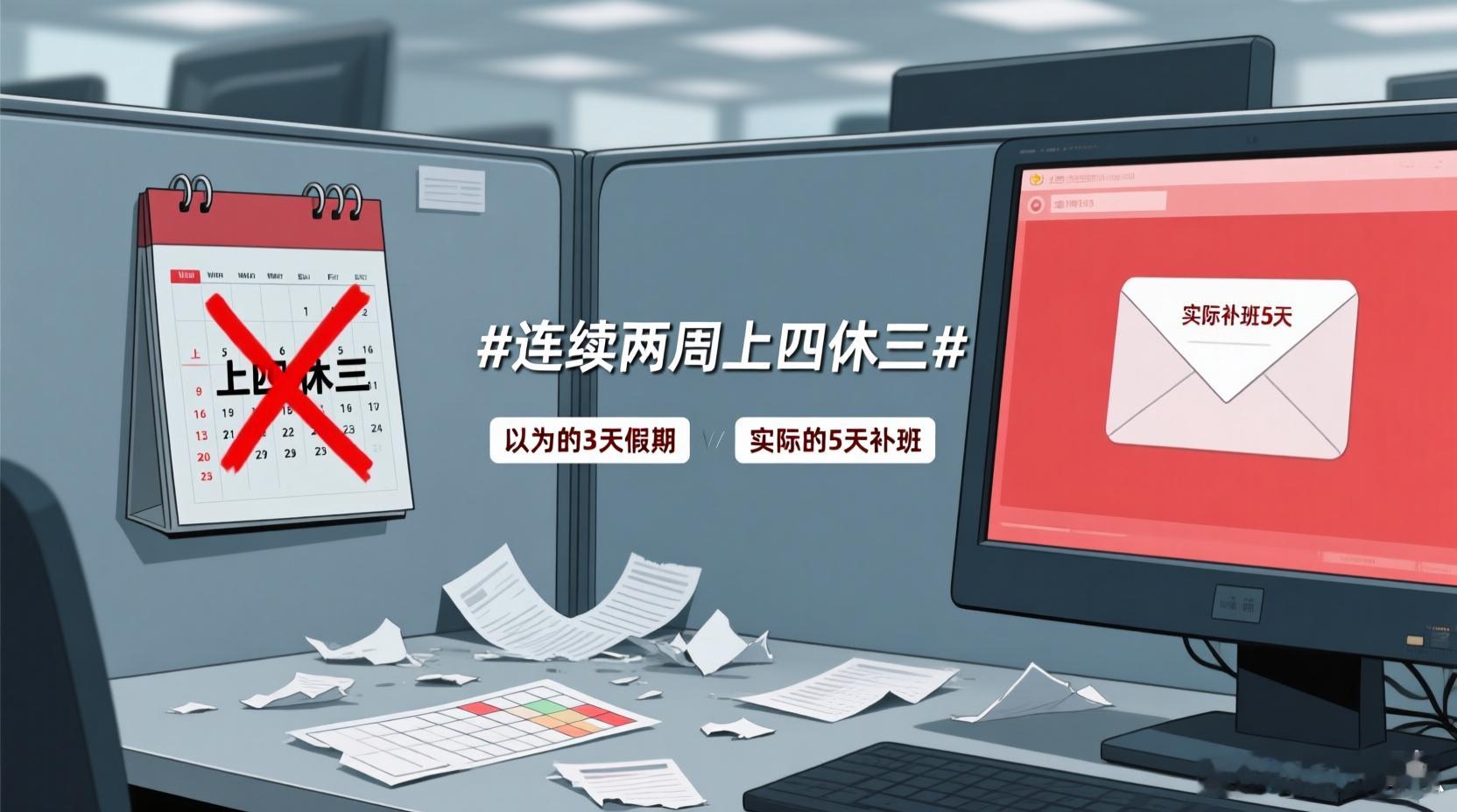 连续两周上四休三我们公司试点了连续两周上四休三。第一天同事们都以为系统在开玩笑。