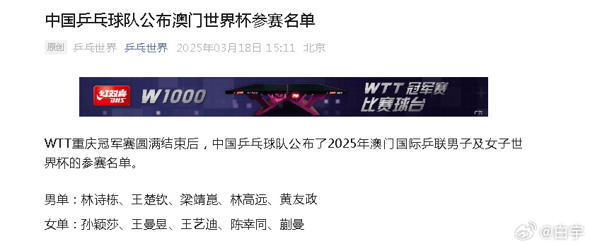 国乒澳门世界杯参赛名单男单：林诗栋、王楚钦、梁靖崑、林高远、黄友政女单：孙颖莎、