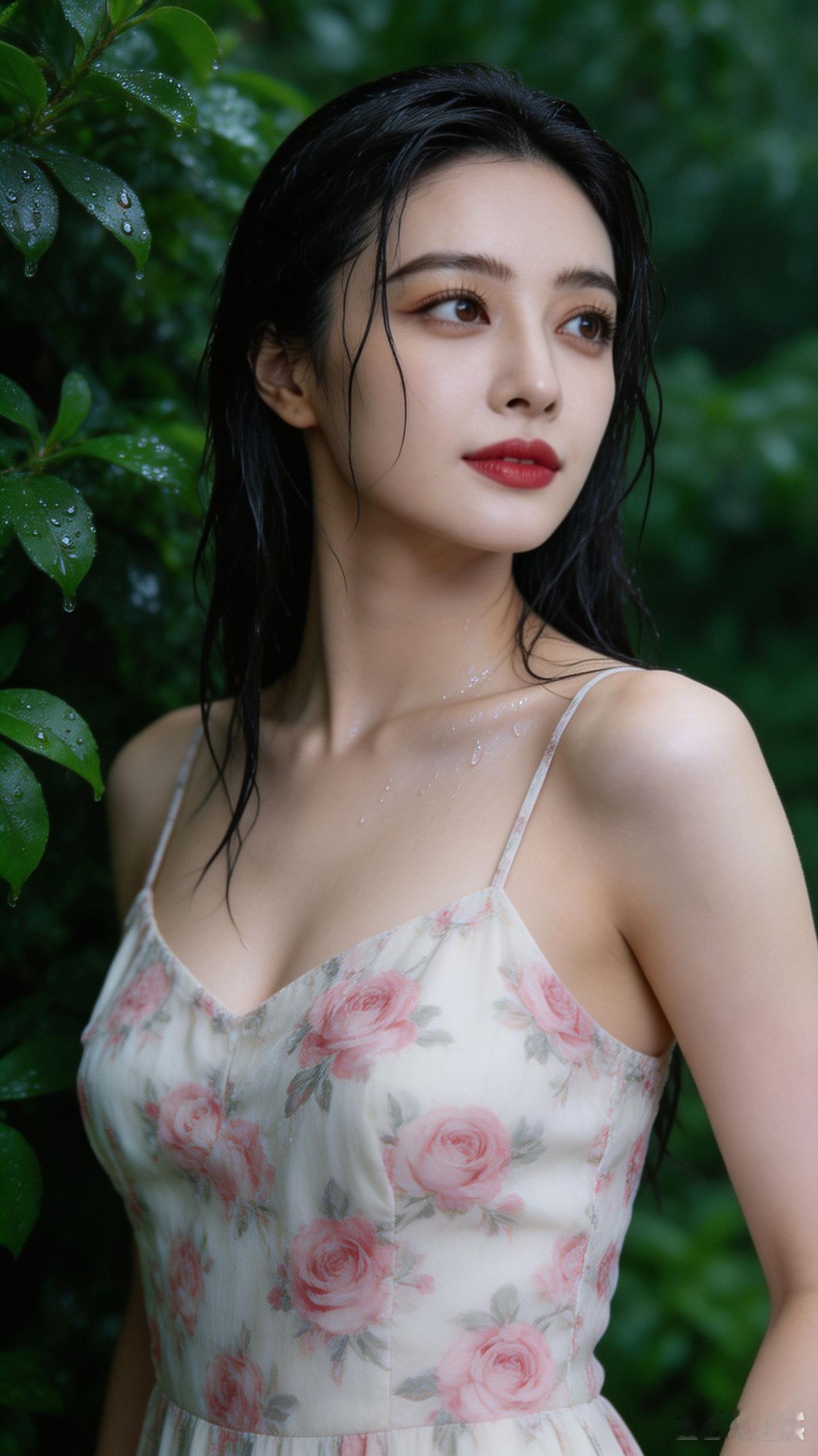 这姑娘在雨中湿发很美。