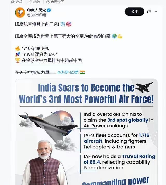 印度再次狂欢。
美国智库发布最新空军军力排名，印度空军进入了前三名，中国屈居第七