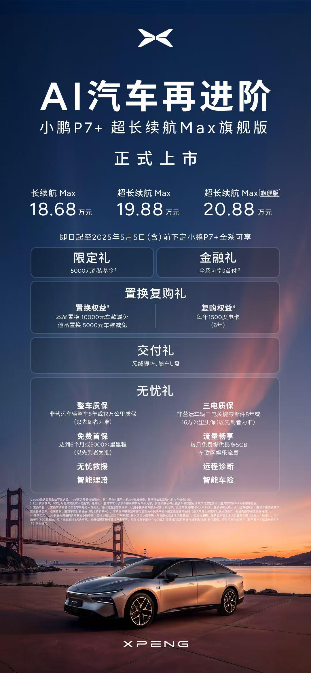 5C旗舰版小鹏P7+正式上市，全国建议零售价20.88万元，限时购车权益来啦！