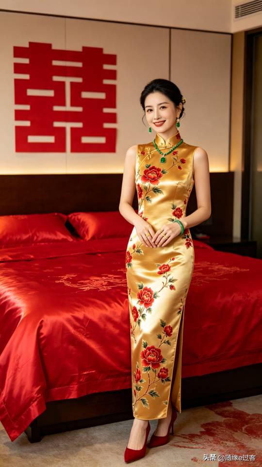 新娘子的旗袍很显富贵。婚礼旗袍装 喜宴礼服旗袍