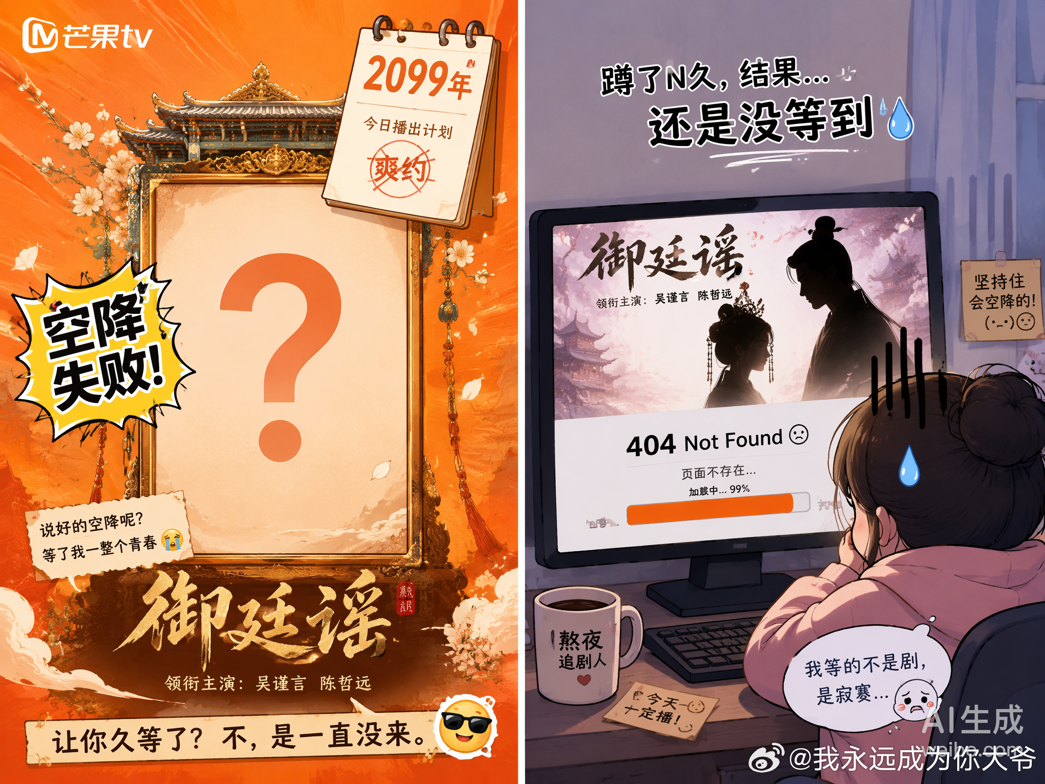 御廷谣说好的中午12点空降呢？我连剧名都从《江山为聘》背到《御廷谣》了，结果芒果