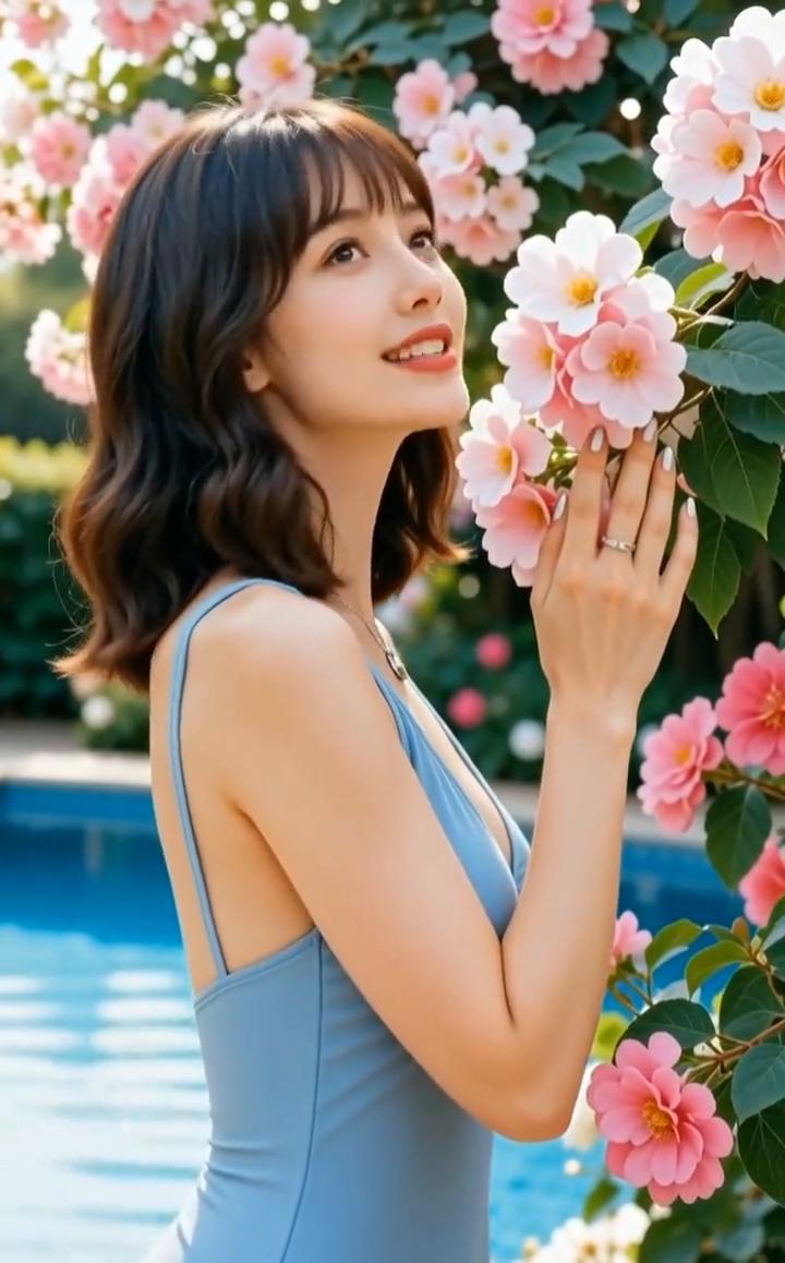 夏日里到泳池来闻闻花香，游一下泳，真是太开心了。
