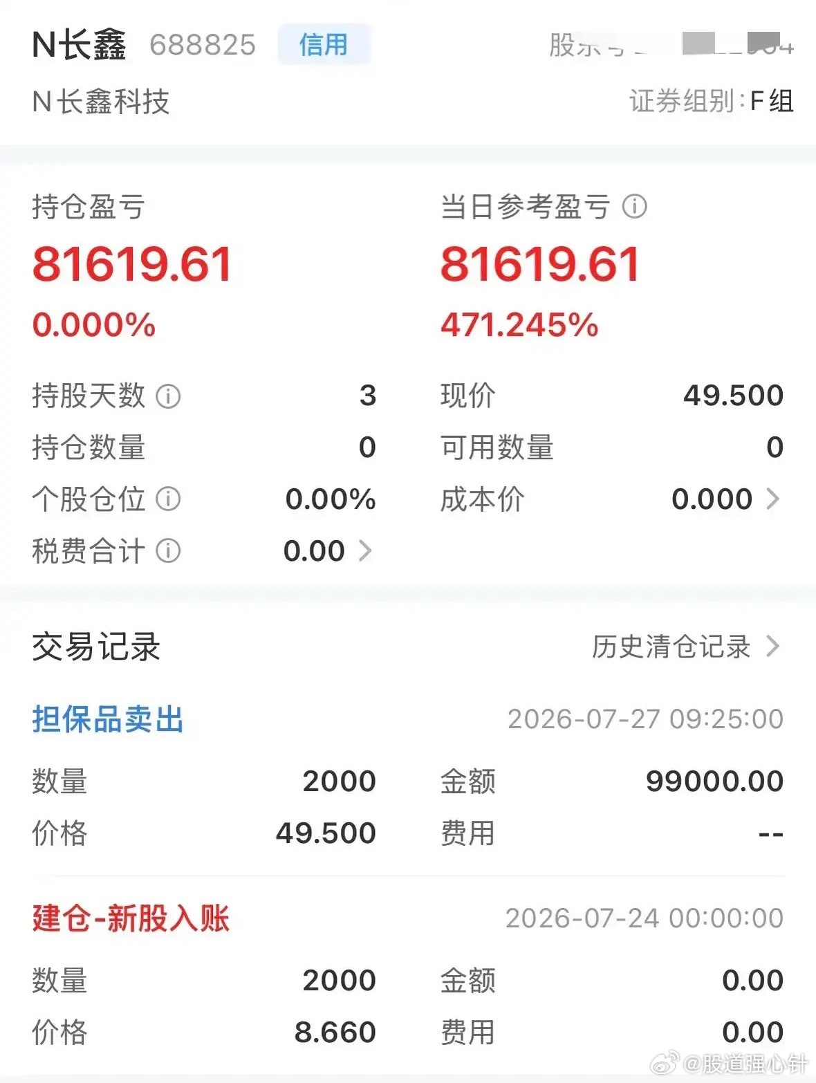 今日长鑫科技正式登陆市场，一位股友成功中签2000股长鑫科技，早盘股价冲高至49