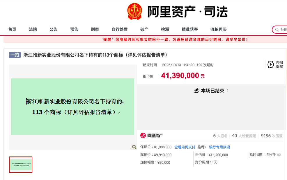 #浙江肉松龙头旗下113个商标4139万成交#【4139万元成交，#浙江肉松龙头