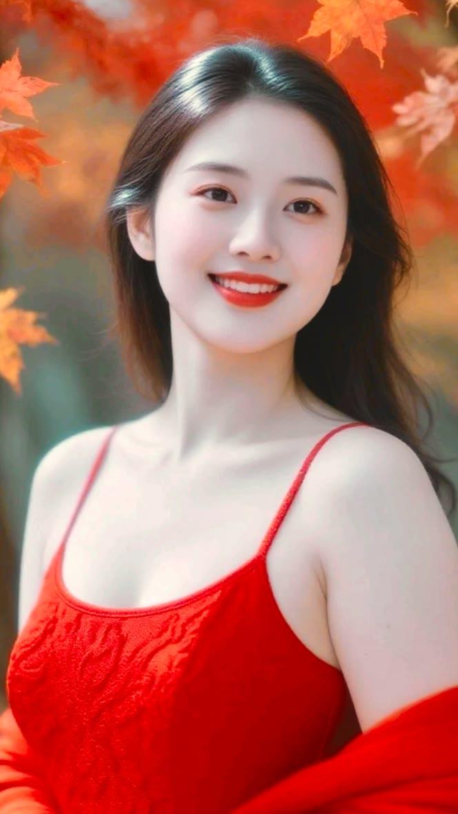 秋日暖阳下，红衣少女笑靥如花🍂🌸