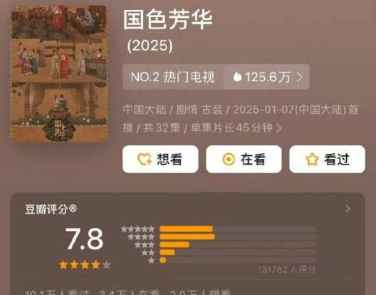 由杨紫和李现主演的《国色芳华》豆瓣开分 7.8 分，对于这个分数，大家觉得是高了