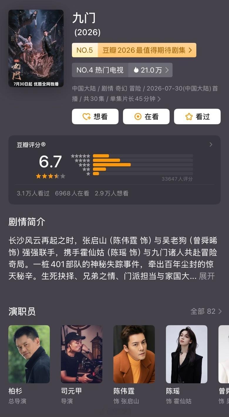 黄景瑜、蒋奇明《重器》豆瓣开分7.4丁禹兮、邓恩熙《花开锦绣》豆瓣开分7.1陈伟