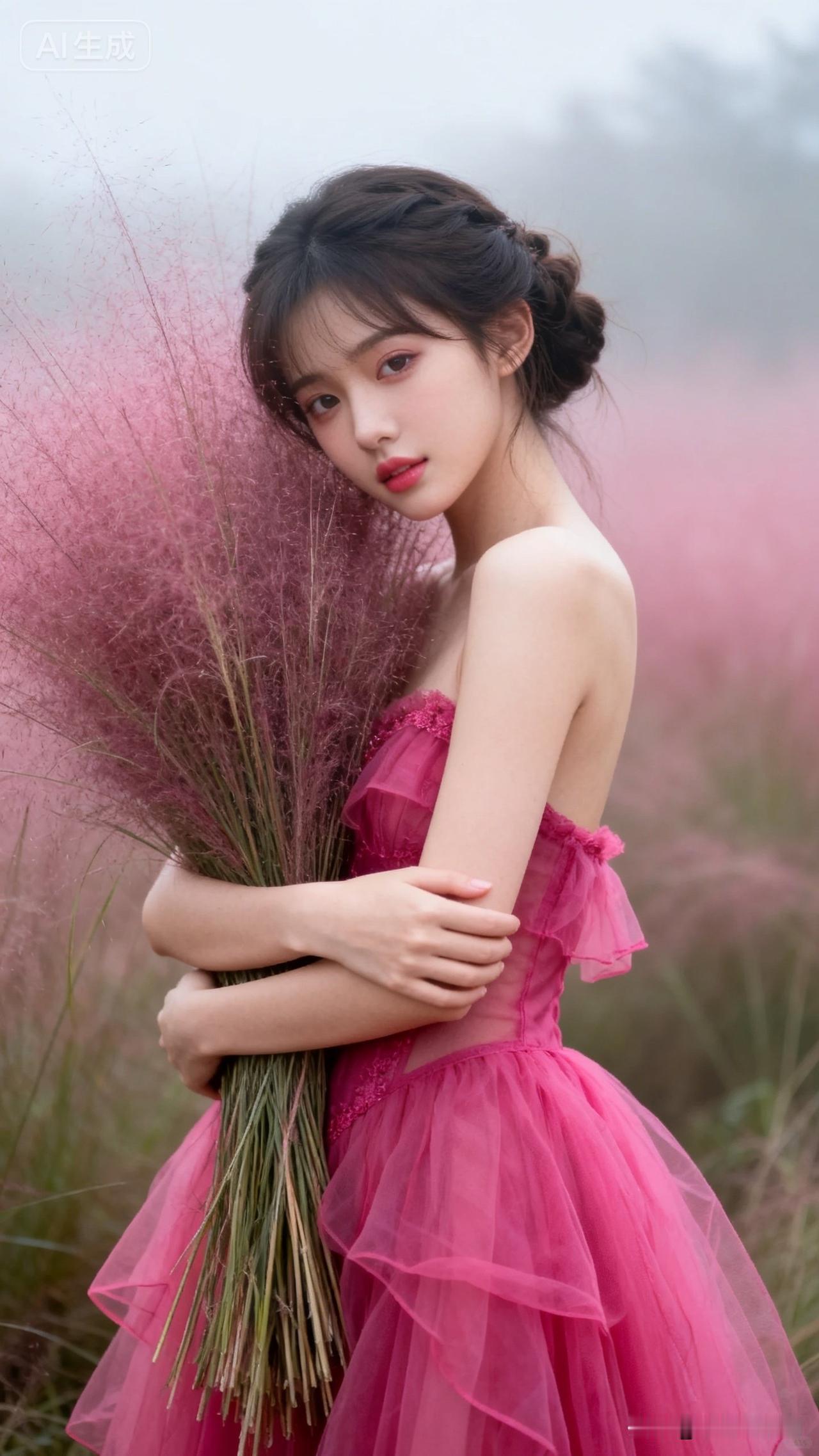 一个穿粉色裙子的女孩拿着花。