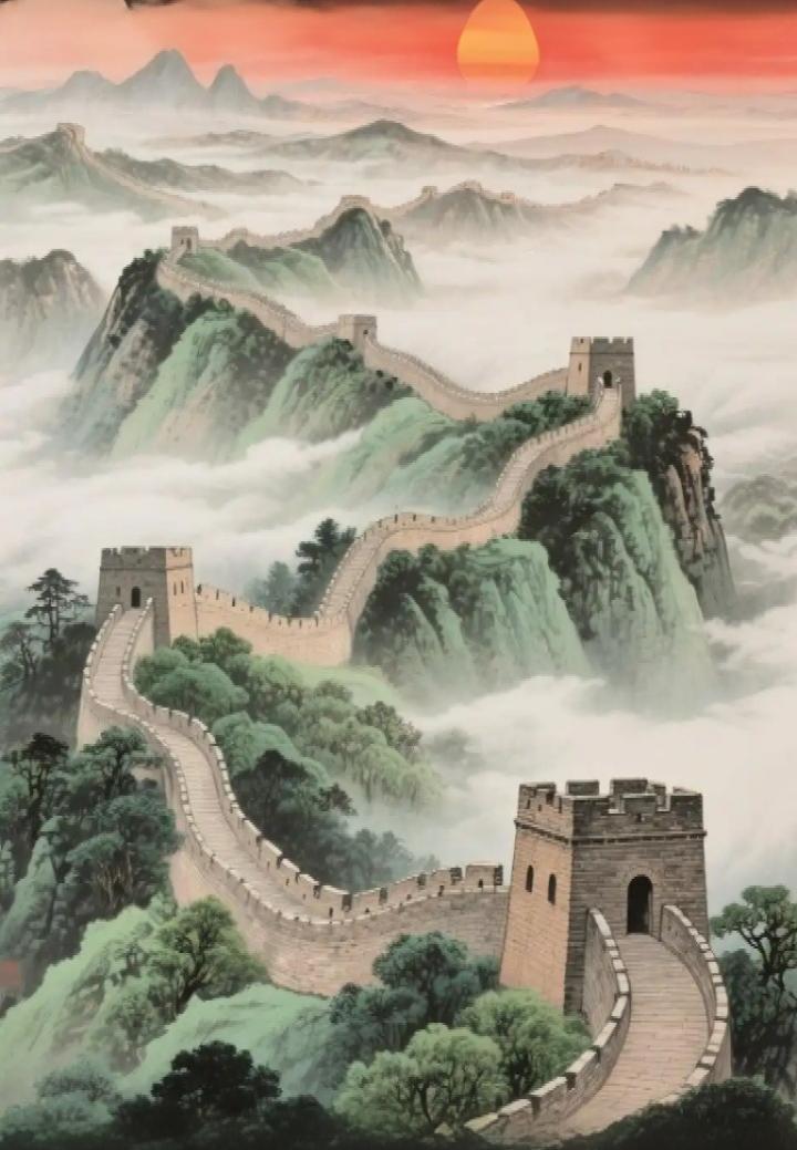 落日熔金，云海翻涌，长城如龙盘亘青山。烽火台立千峰间，青砖叠起千年风骨，一步一阶