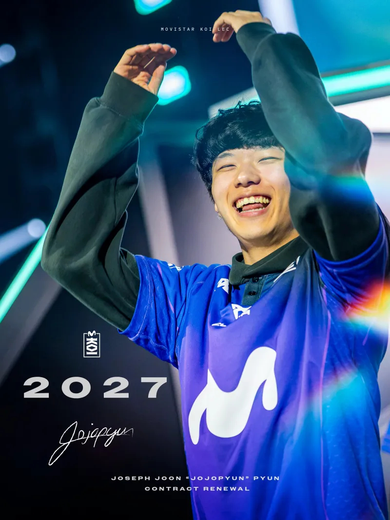 MKOI发布人员变动公告，正式宣布与中单选手Jojopyun续约至2027年。虽
