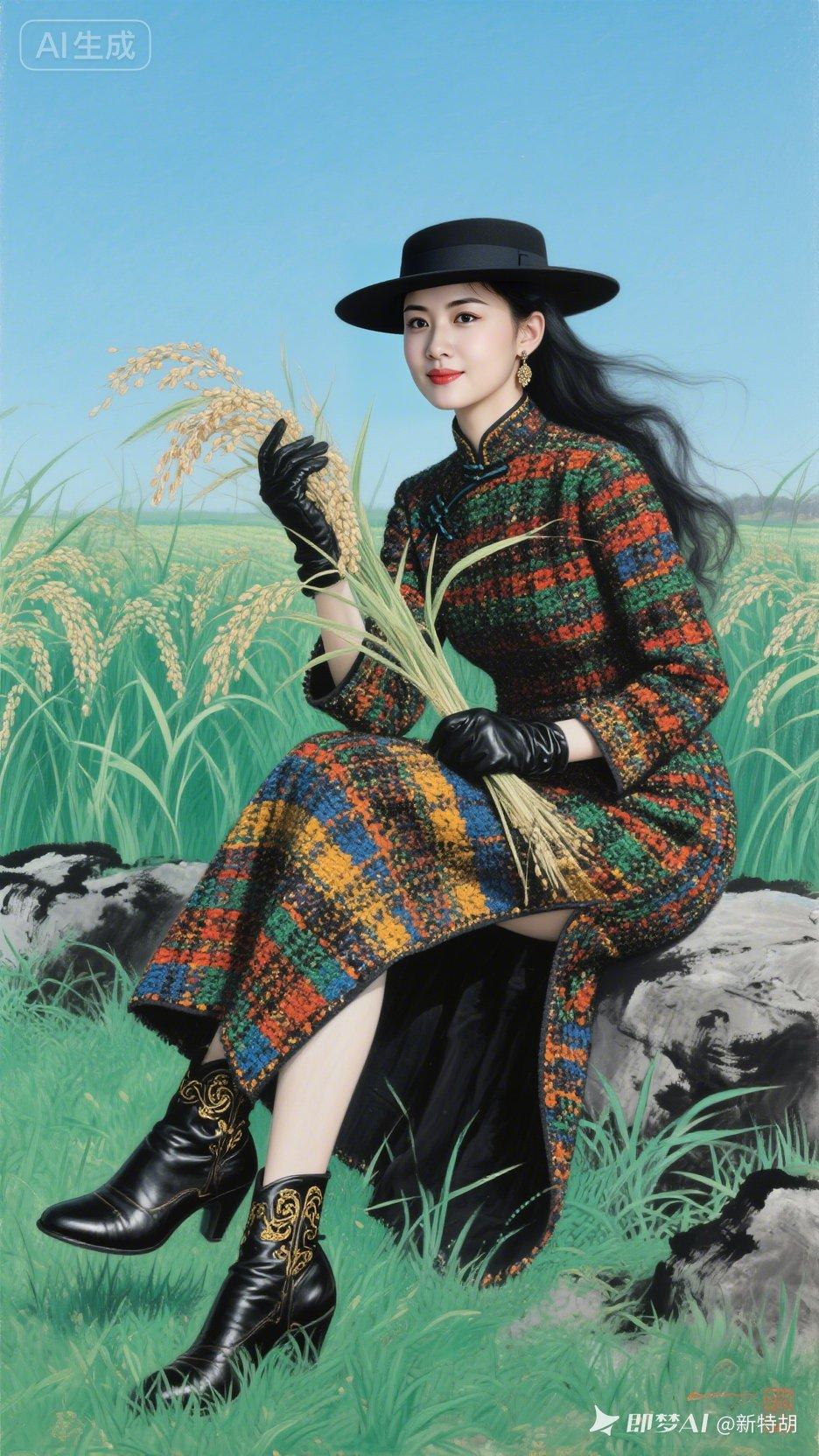 田园风少女，黑帽红裙，金穗相伴，自然之美！