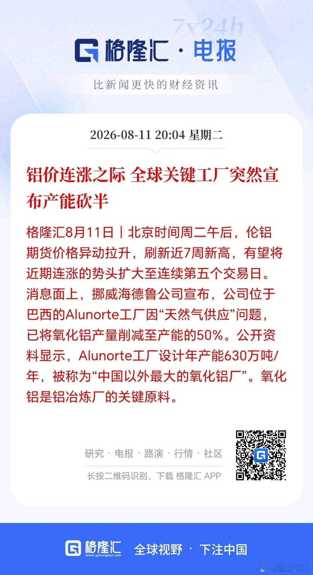 全球铝供应再度出现影响，伦铝已经连涨5天，刷新近7周新高。 