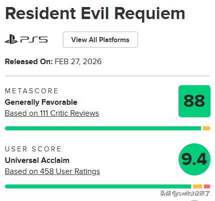 《生化9》M站玩家评分现已出炉!截至发稿前，M站均分9.4!玩家口碑炸裂!
分平
