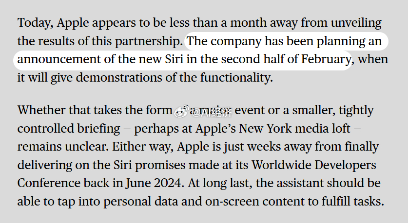 彭博社苹果记者Mark Gurman报道称，由谷歌Gemini驱动的新版Siri