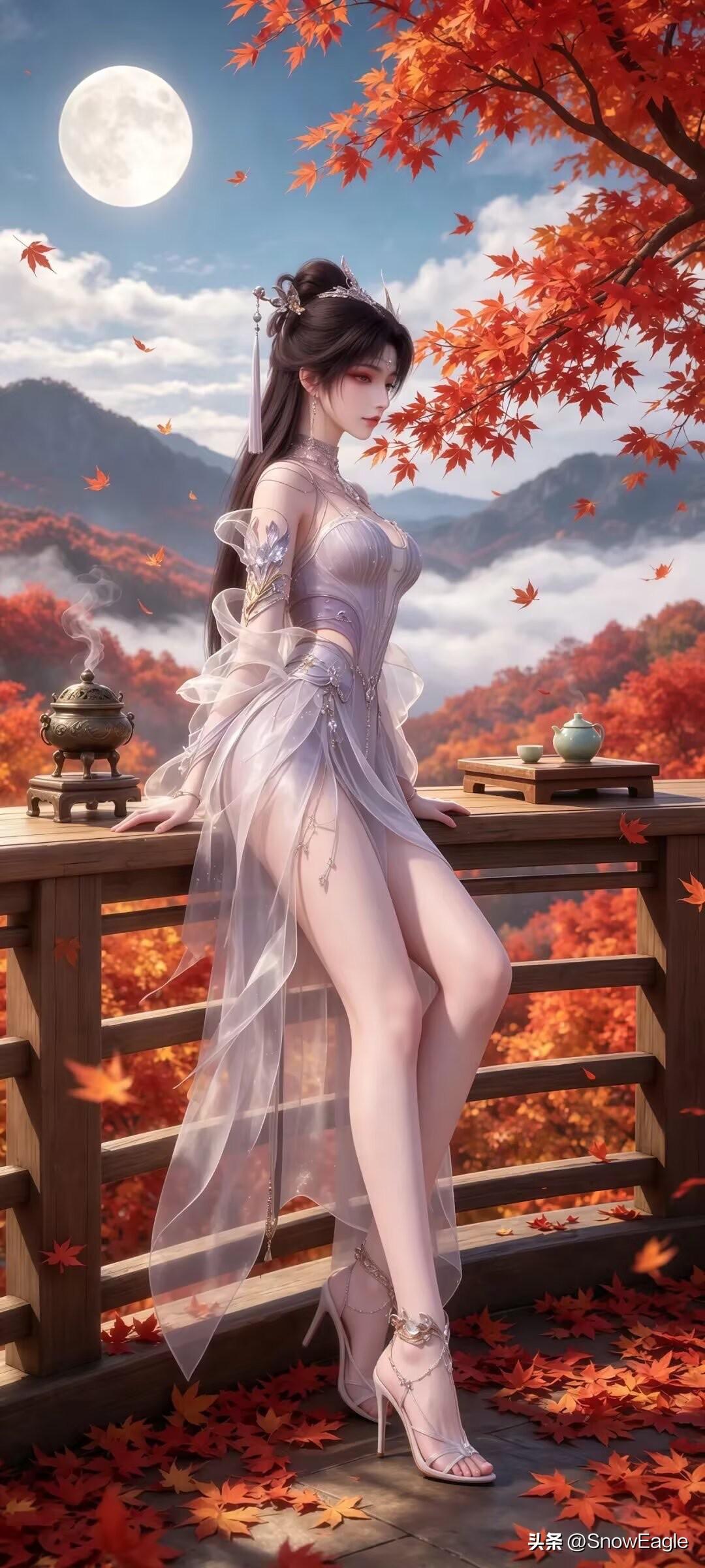 仙气飘飘的秋日仙境，唯美古风女子，月色下的梦幻时刻。