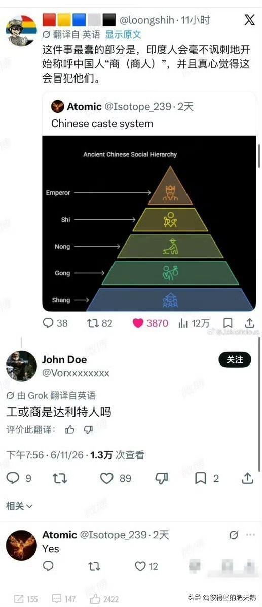印度三哥又开始发癫了！他们在社交媒体平台X上大肆说中国也有种姓制度，硬说士农工商