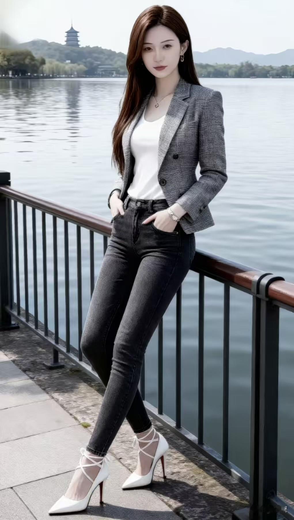 🌿 西湖边的气质穿搭，被这套拿捏了
 
   格纹西装裹着松弛的利落感，白T+