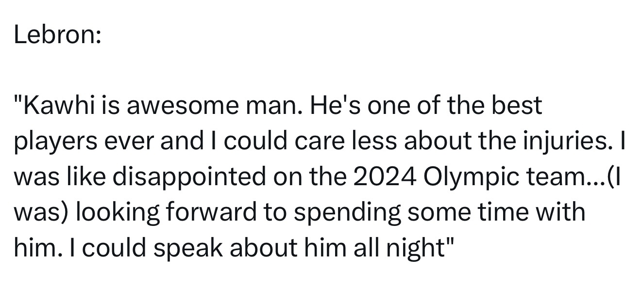 詹姆斯：“卡哇伊太棒了，伙计。他是史上最出色的球员之一，我根本不在乎那些伤病问题