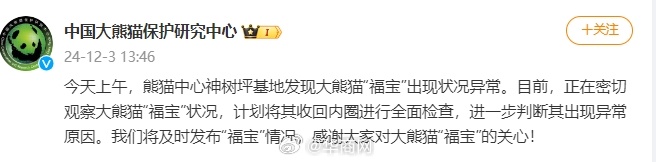 【#大熊猫保护研究中心回应福宝发抖#】#福宝将进行全面检查# :今天上午，熊猫中